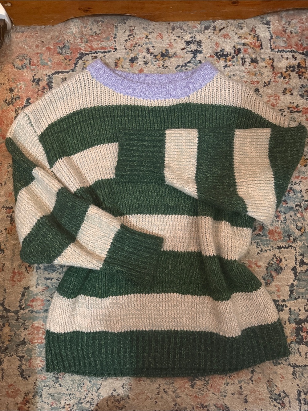 Striped Crewneck Sweater in Green & Cream with Purple collar